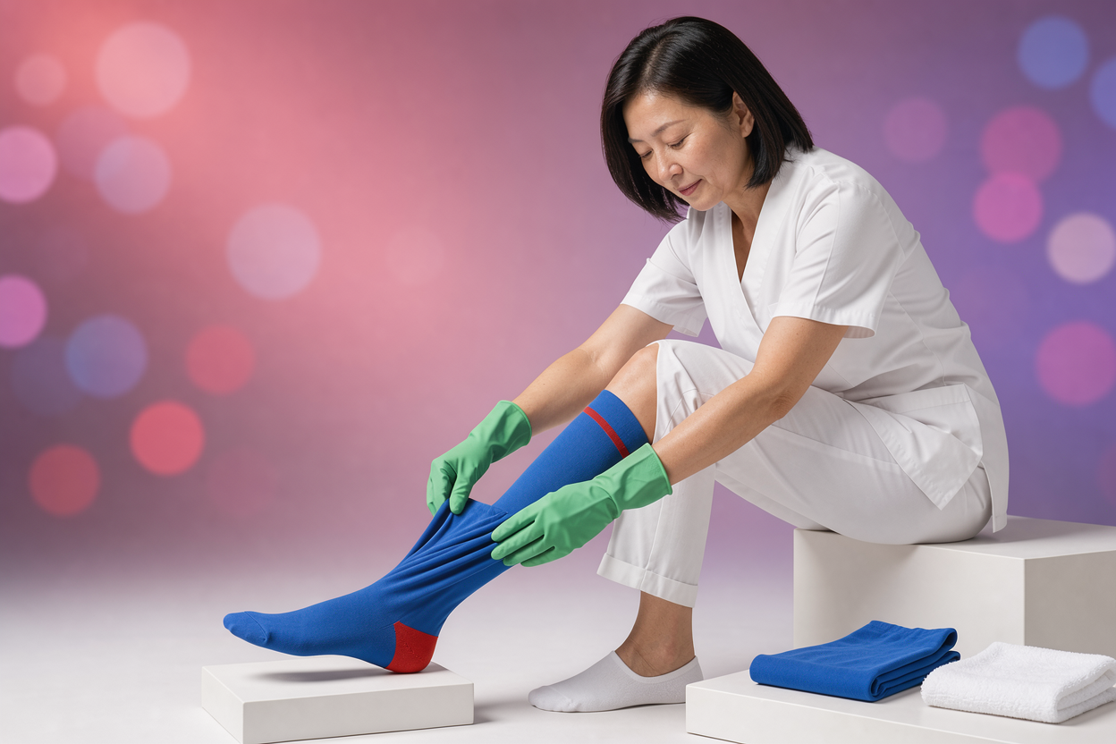 person using rubber gloves to put on compression stockings carefully, showing proper handling and protection of fabric
