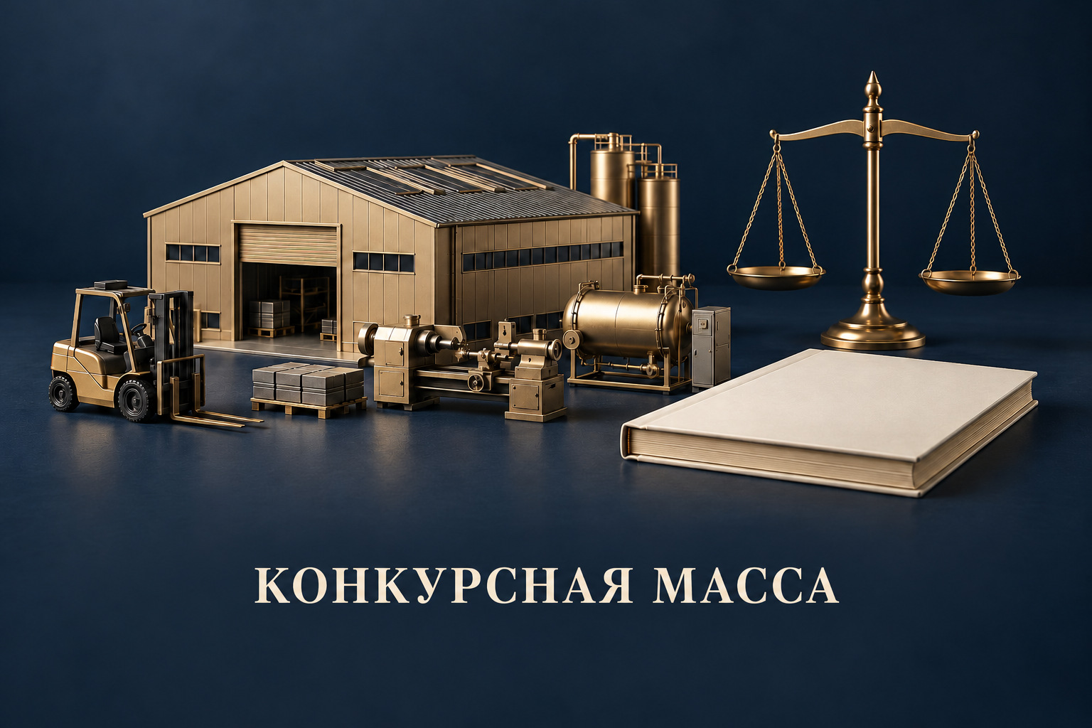 Склад, промышленное оборудование и весы как образ конкурсной массы компании; на обложке надпись «Конкурсная масса»