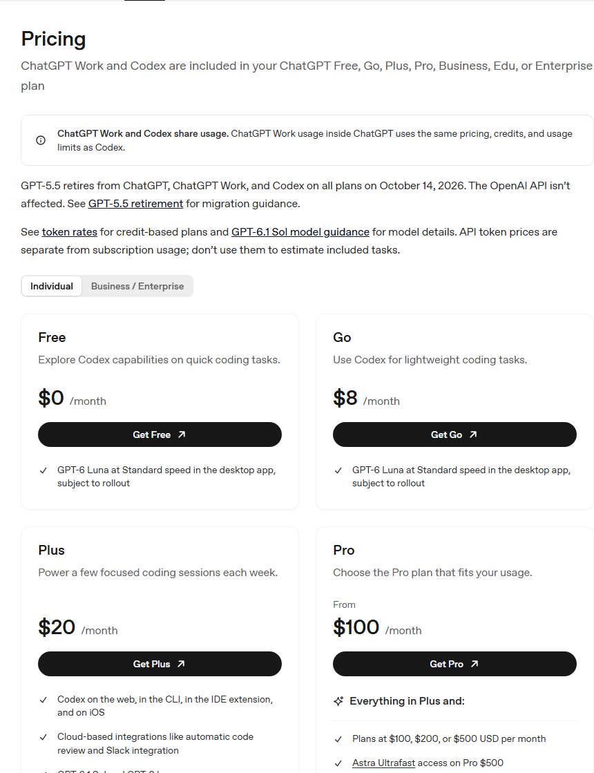Тарифы ChatGPT на 04.10.2026: Free, Go $8, Plus $20, Pro от $100, Codex во всех