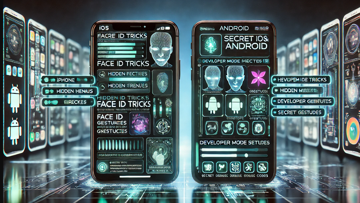 Два смартфона – iPhone и Android – с активированными скрытыми функциями, такими как жесты, секретные коды и настройки разработчика.