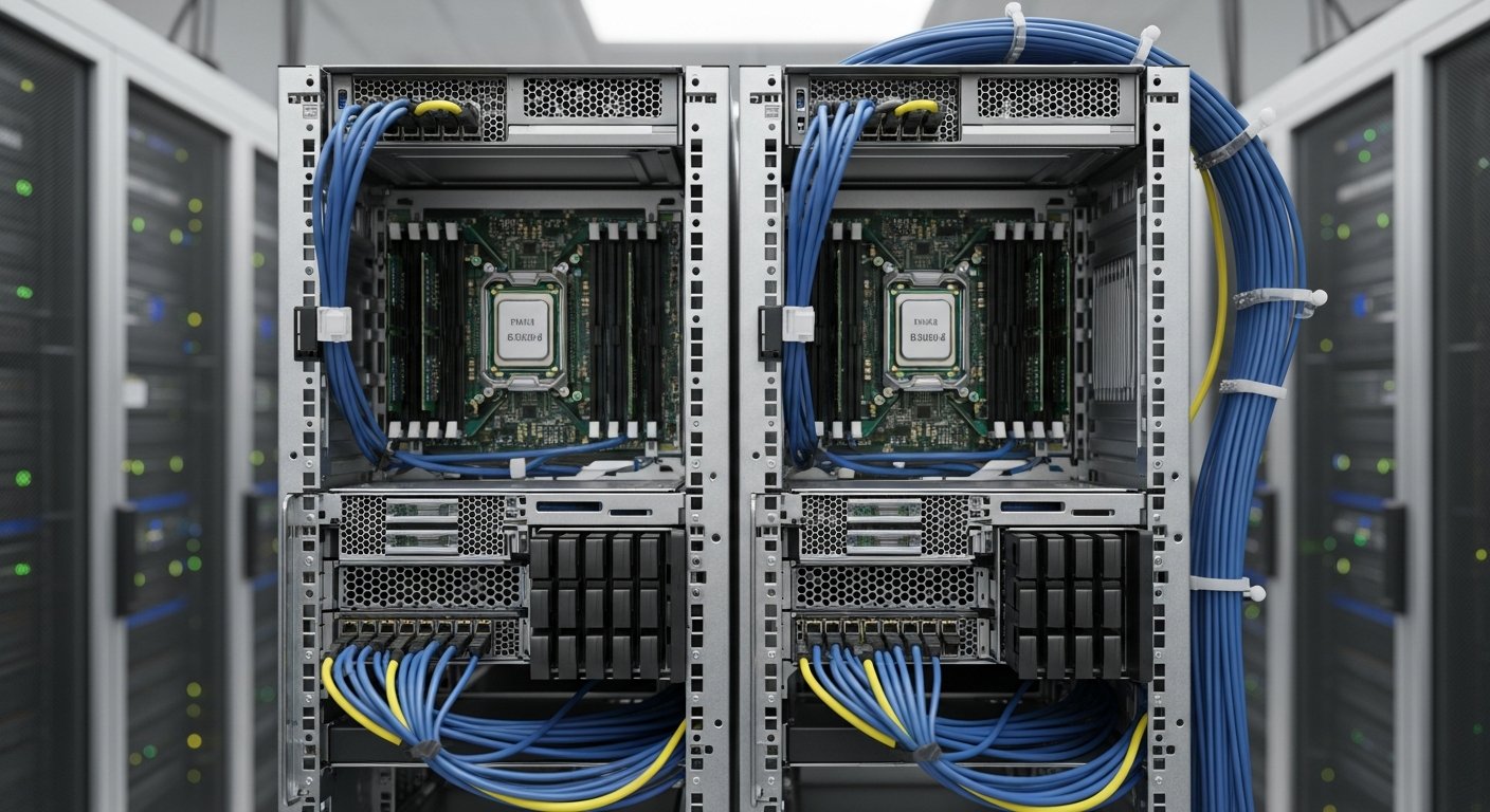 Схема кластера из двух серверов - два узла с процессорами, планками памяти, накопителями и сетевыми интерфейсами в стойке.