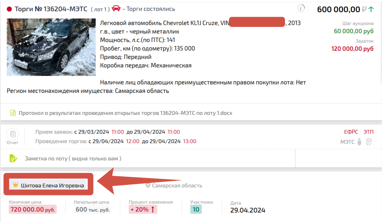 Пример завершённых торгов 7