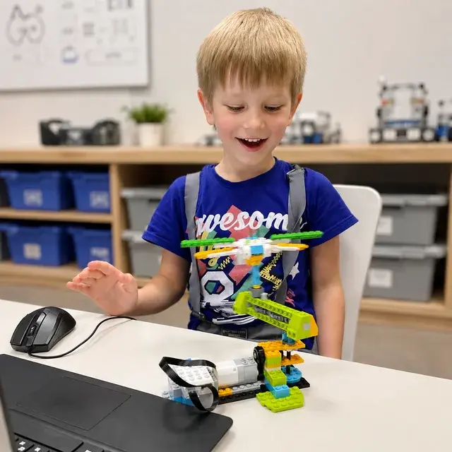 Ученик программирует собранный LEGO-механизм