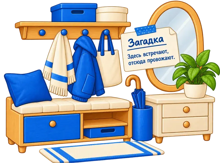 Прихожая с вешалкой, курткой, зеркалом и запиской-загадкой для домашнего квеста