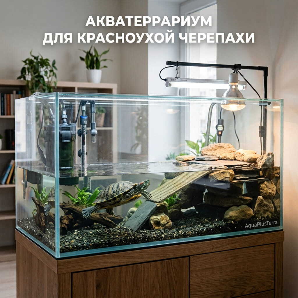Акватеррариум для красноухой черепахи с остравком фильтром обогревом и UVB-лампой в интерьере — AquaPlusTerra