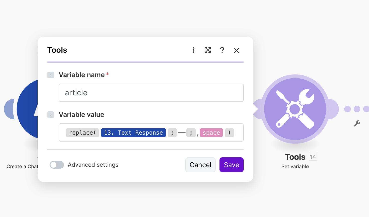 Example of a workflow guardrail for AI in make.com: using the Replace Function in the Tools Module