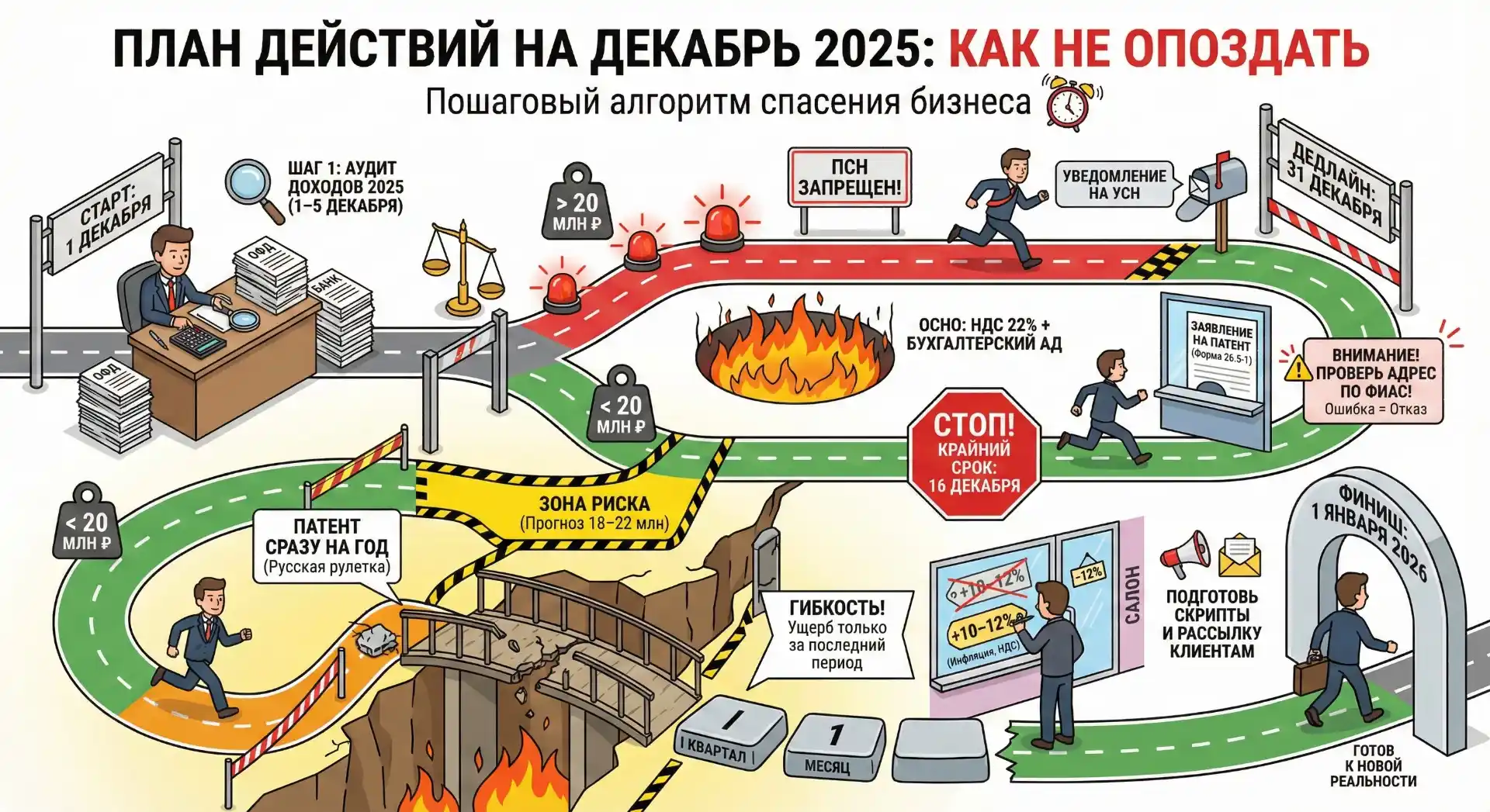 Дорожная карта действий для ИП в декабре 2025: аудит доходов, подача уведомления на УСН до 31 декабря, заявление на патент до 16 декабря.