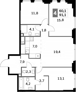 4-комн 91,1 м²