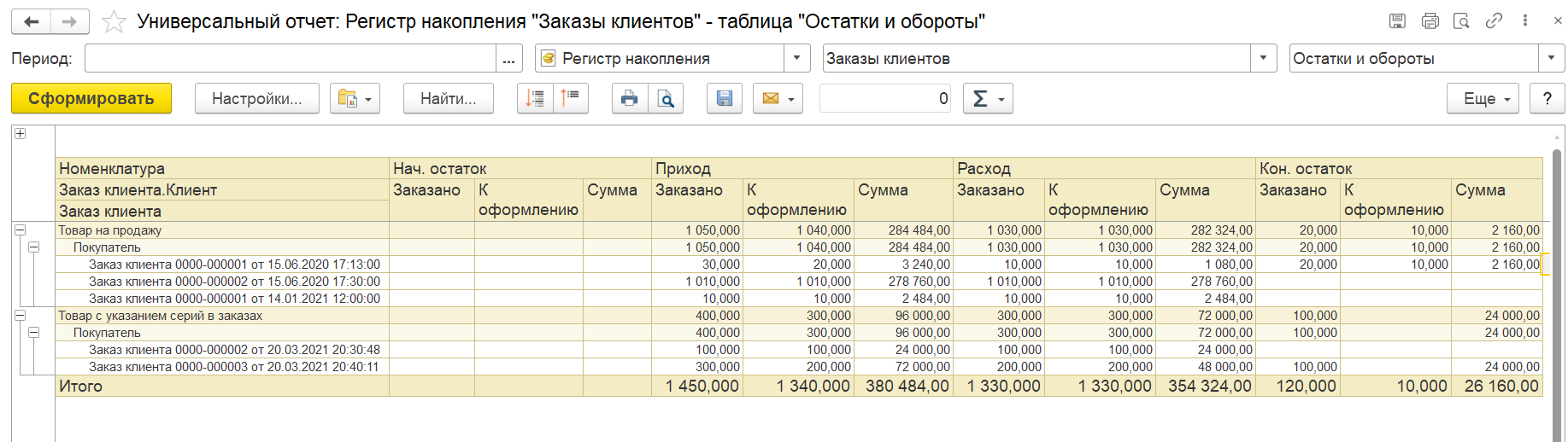 1С Комплексная автоматизация и ERP 2: Ведомость по заказам с детализацией до заказов клиента