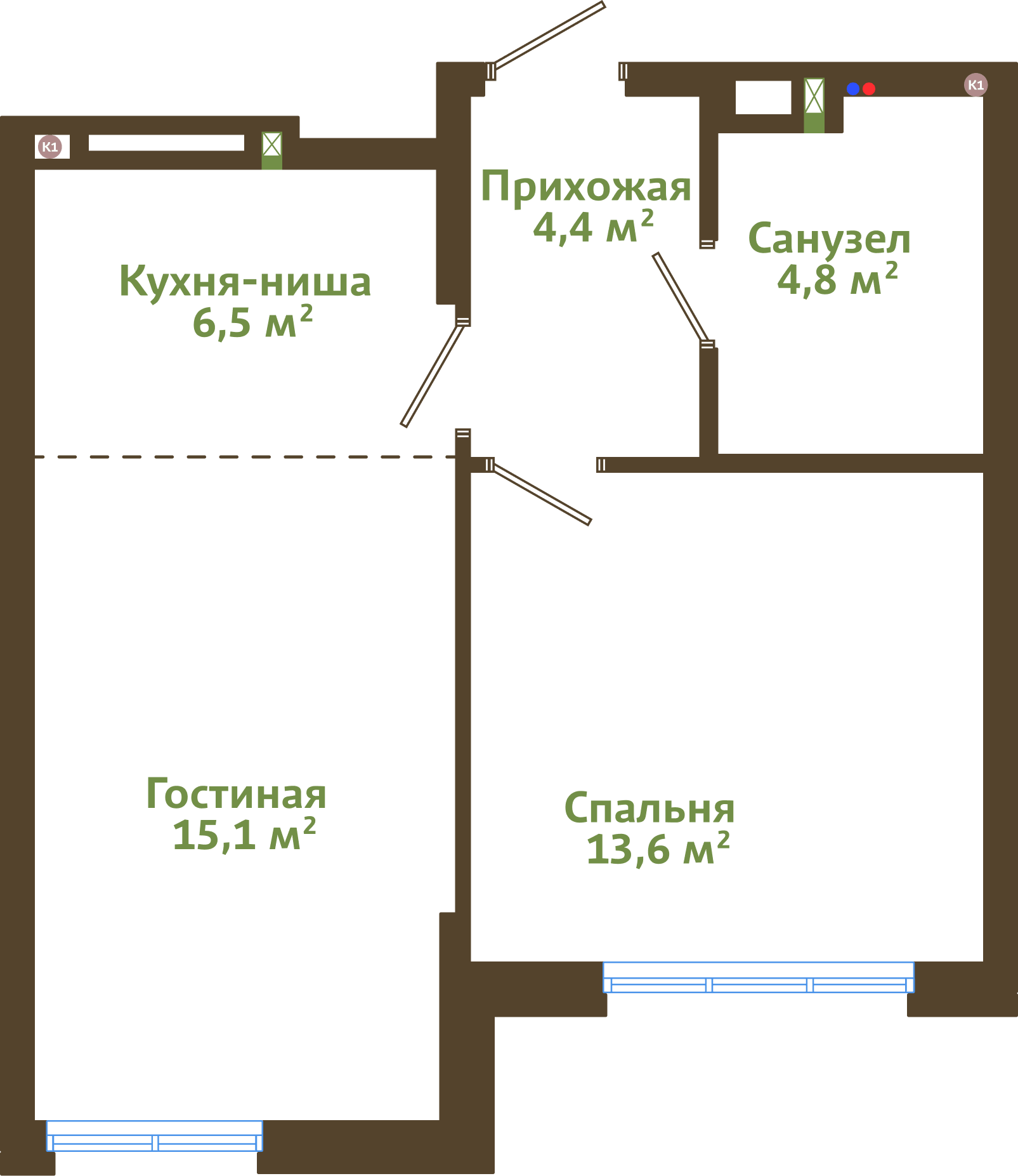 Планировка 2-комнатной квартиры 44,40 м²