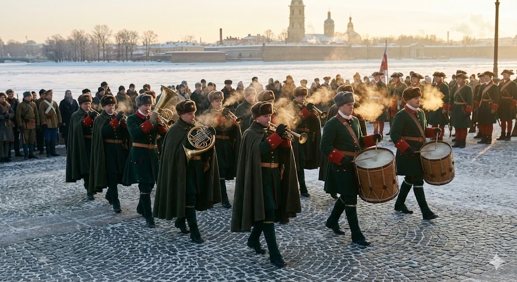 Исторический военный оркестр петровской эпохи на плацу