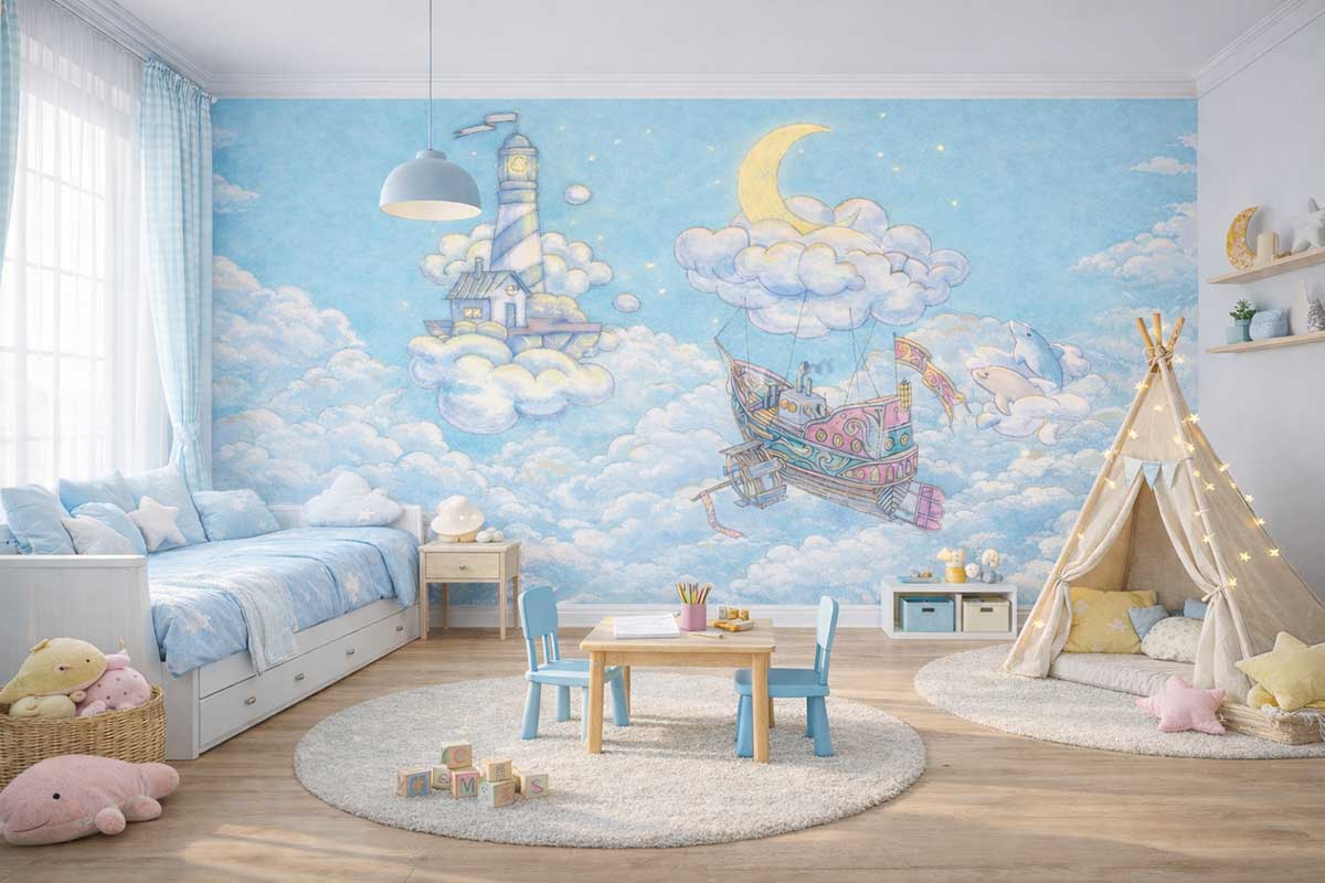 детские фотообои летающий корабль в облаках в интерьере детской комнаты