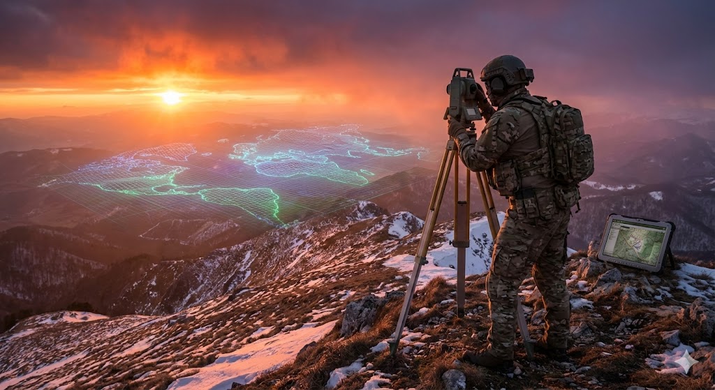 Военный топограф с электронным тахеометром на горной вершине во время работы