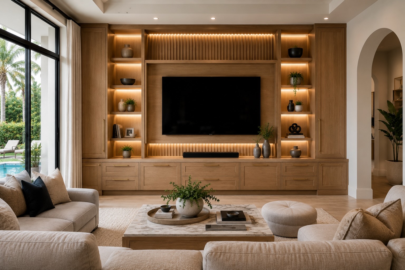 Floor-to-ceiling custom built-in entertainment center with white oak cabinetry in an Orlando home.
