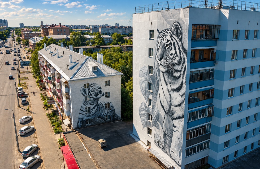 Жолбарыс пен күшігі — Тұрғын үй қасбеті