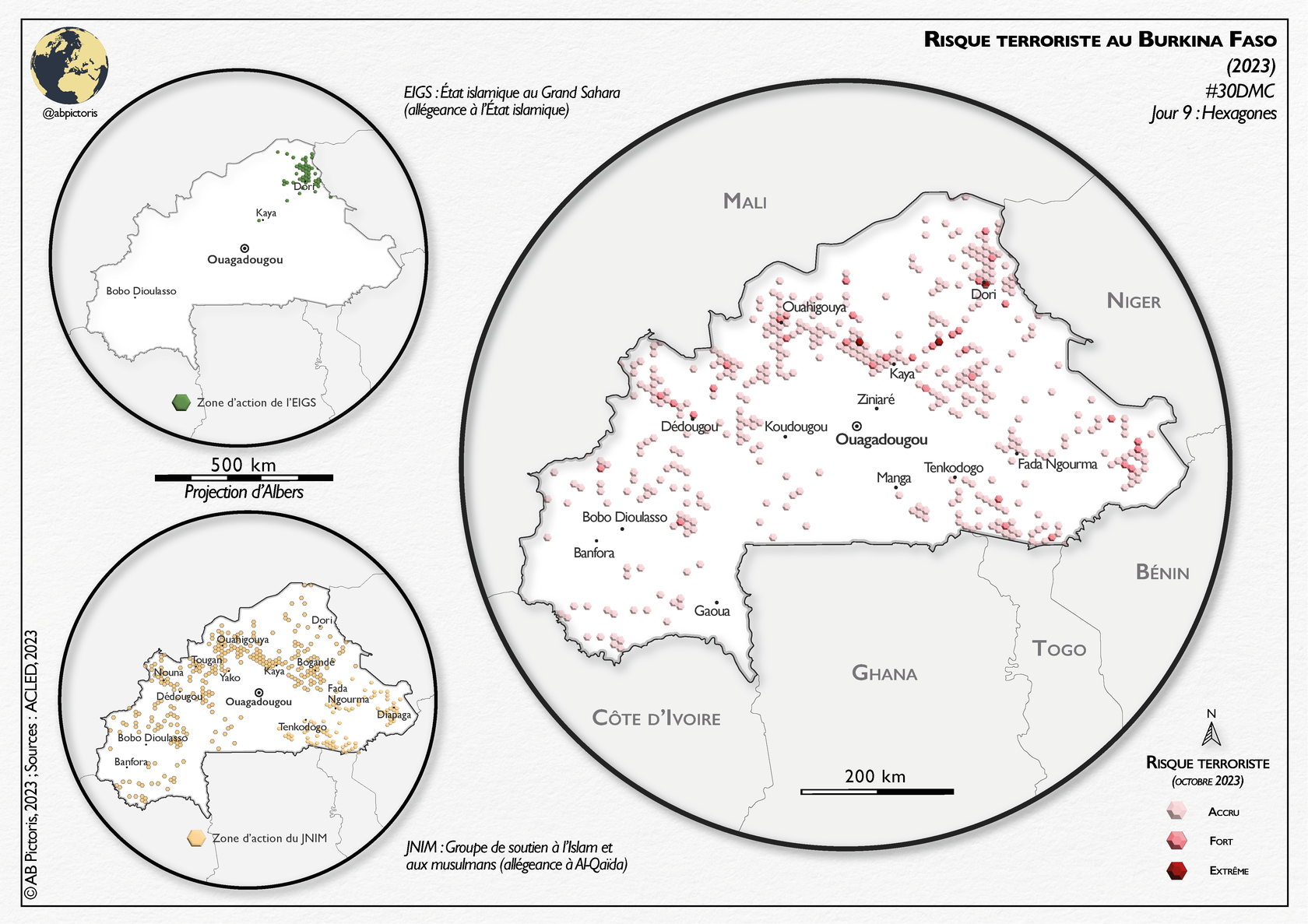 Carte détaillant les zones d&#39;activité terroristes au Burkina Faso avec des indications des zones d&#39;action de l&#39;EIGS et du JNIM, mettant en évidence la répartition des attaques terroristes et le niveau de risque terroriste dans le pays