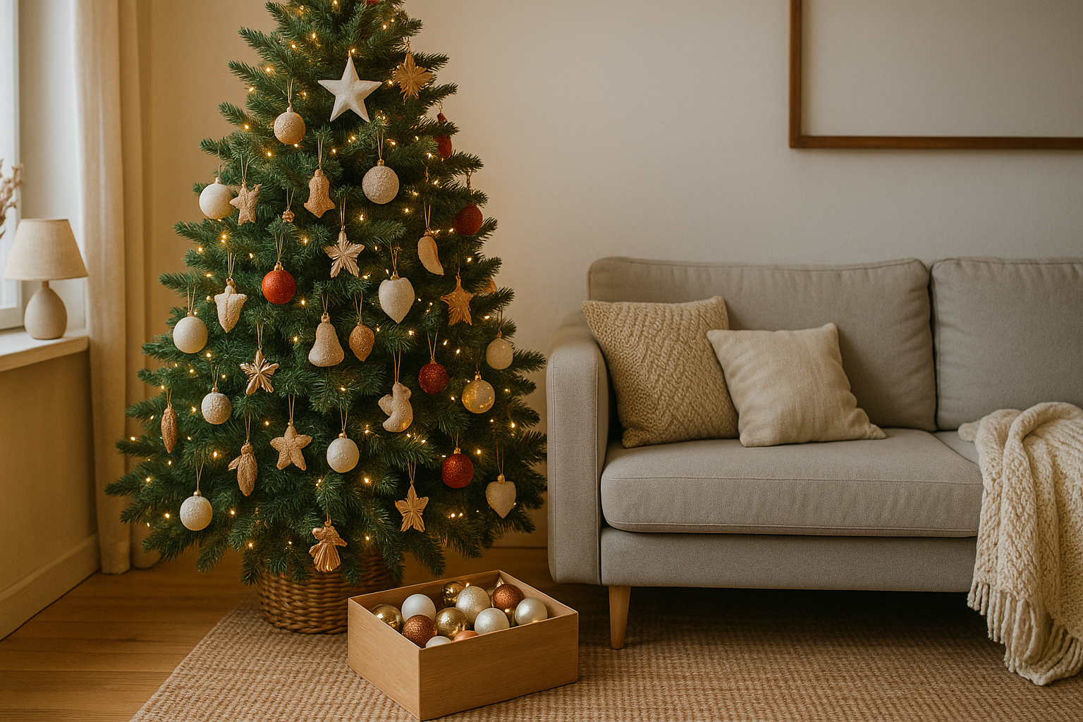 гостиная с наряженной новогодней ёлкой