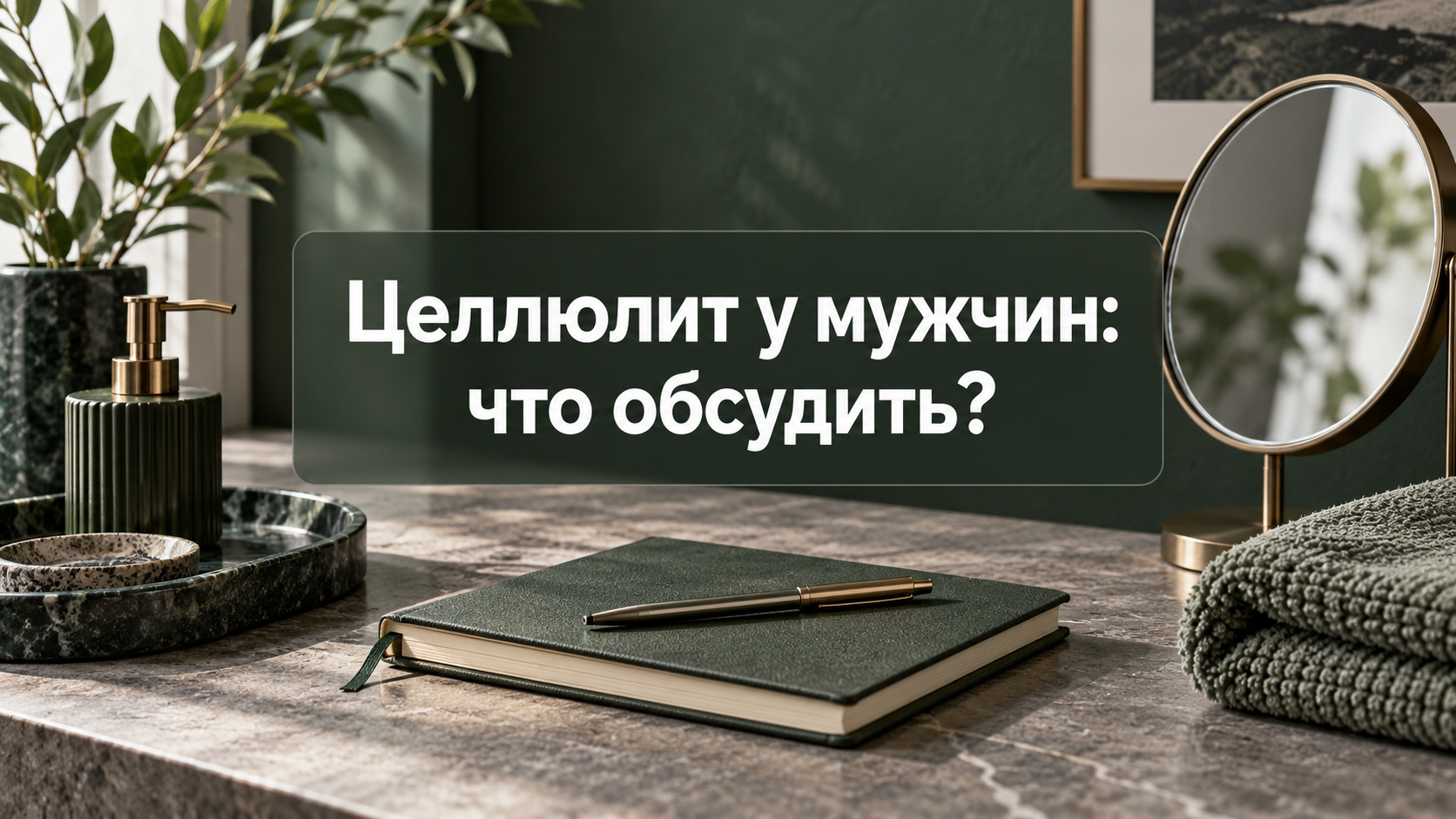 Редакционная композиция в тёмно-зелёных тонах с зеркалом, блокнотом, флаконом и полотенцем; по центру фраза «Целлюлит у мужчин: что обсудить?»