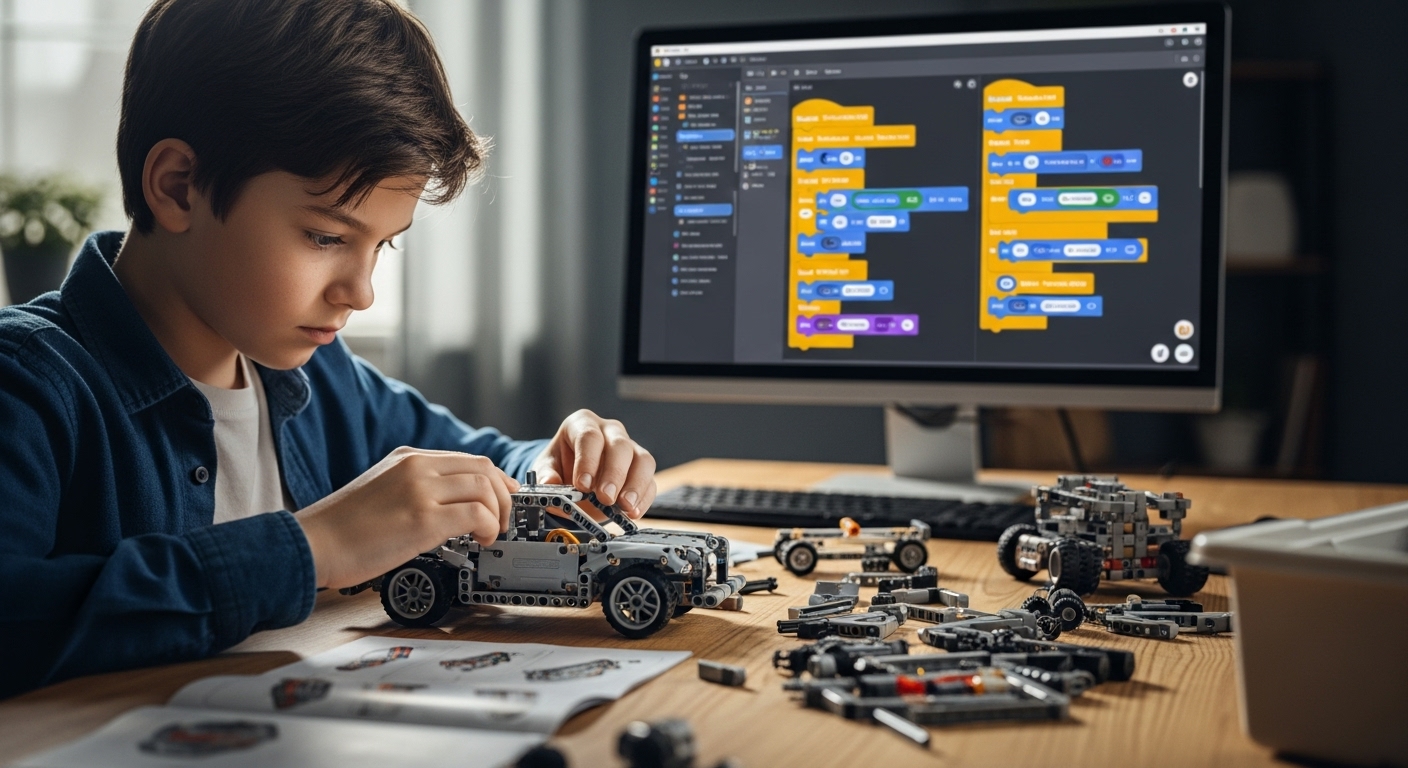 Ребенок развивает логическое мышление, собирая конструктор LEGO, — навык, похожий на основы программирования на Scratch, которые видны на экране компьютера.