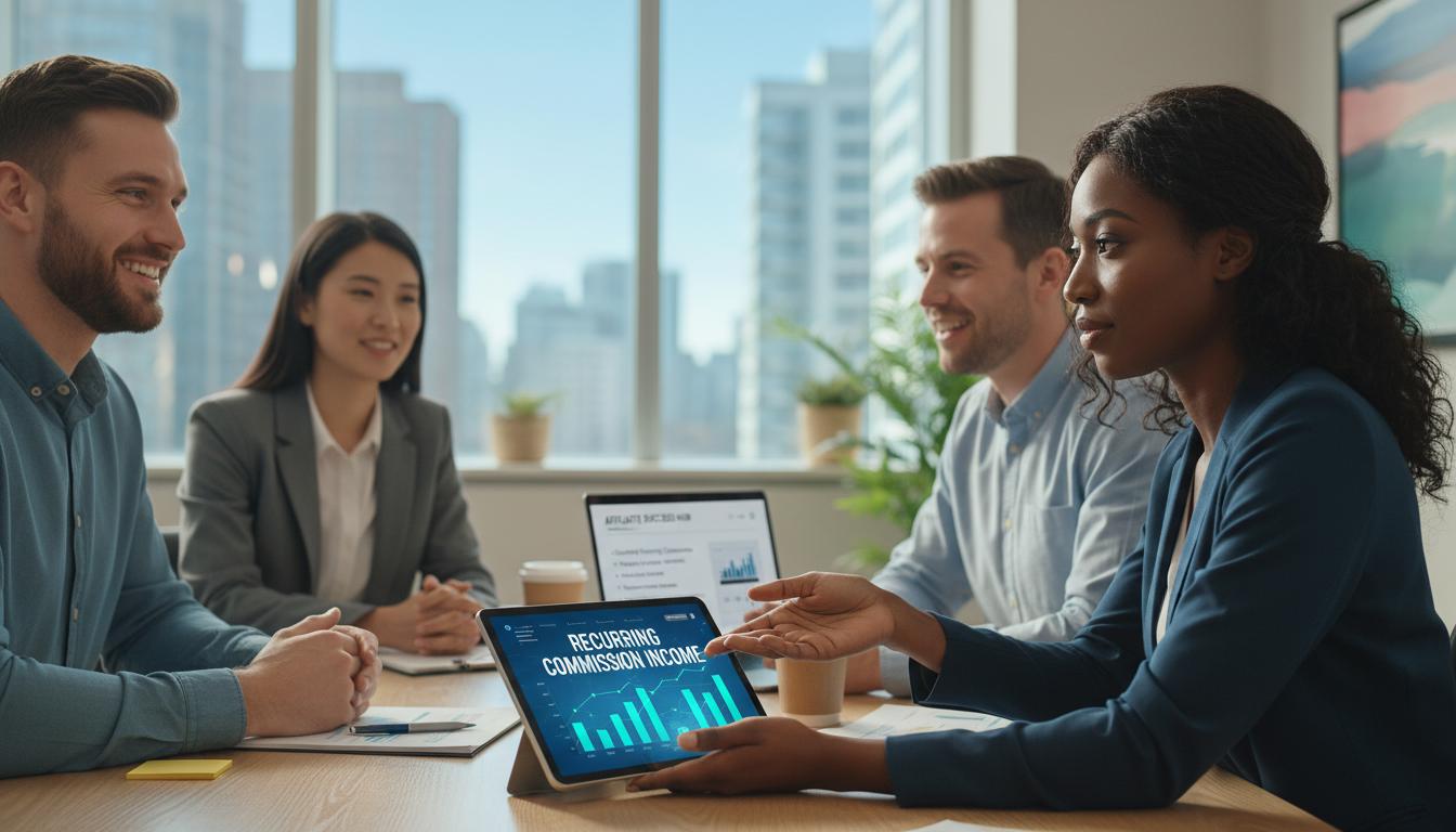 Professionals  discussing a recurring commission affiliate program.