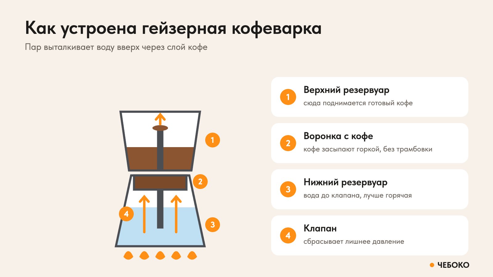 Как устроена гейзерная кофеварка: верхний резервуар, воронка с кофе, нижний резервуар и клапан