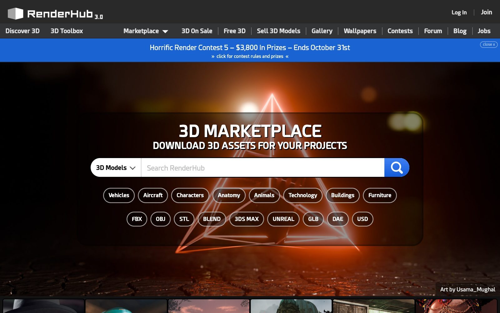 Screenshot of the RenderHub homepage with the heading 3D Marketplace, Download 3D assets for your projects, a search bar and file format buttons including BLEND, FBX and OBJ