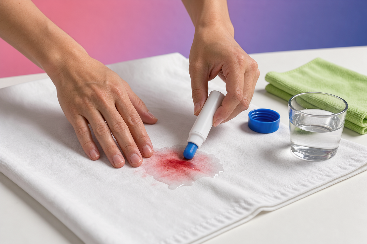 Close-up of hands treating a small stain on a sheet with a gentle, non-branded stain applicator and water, neutral background