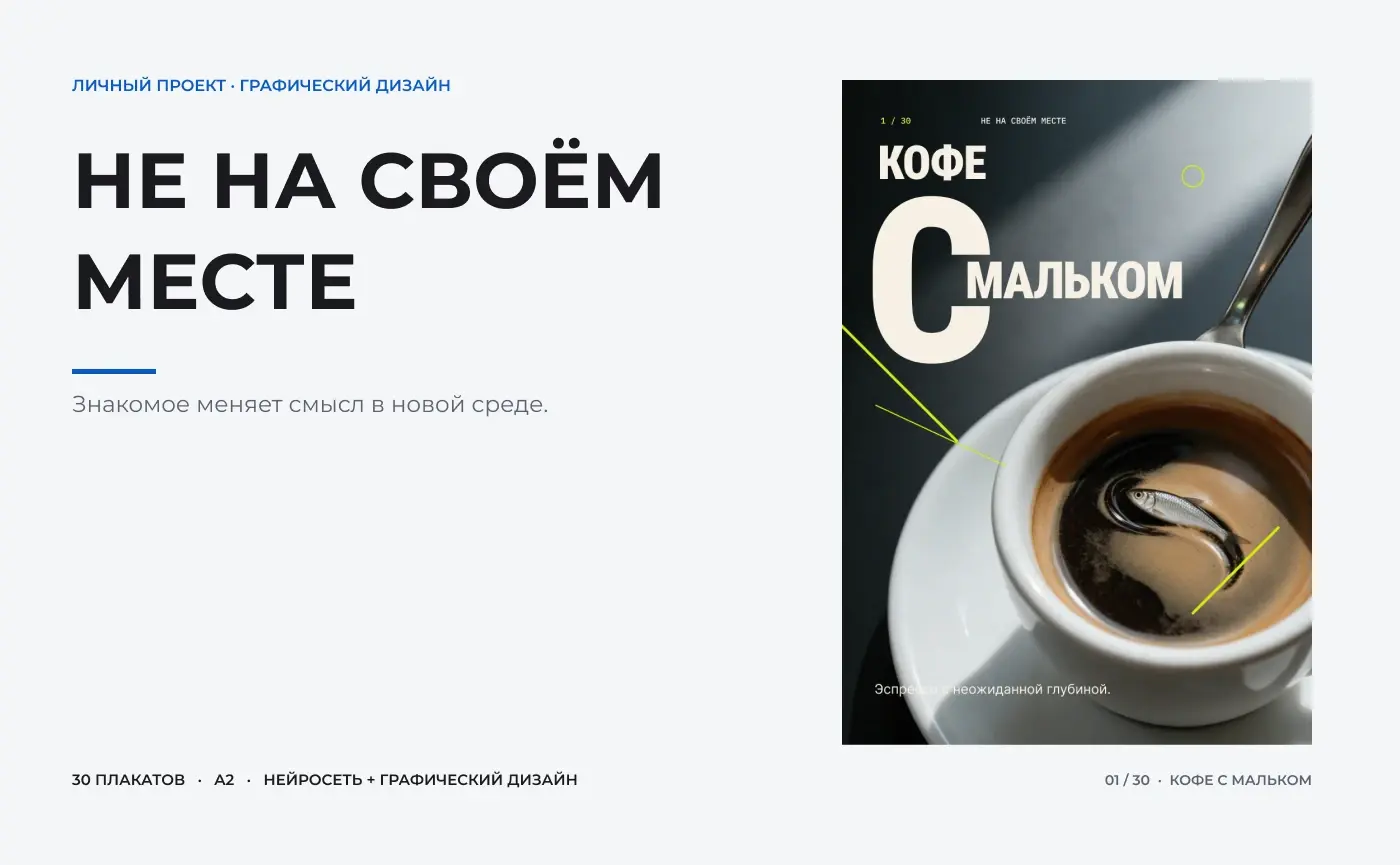 Обложка серии «Не на своём месте»: плакат «Кофе с мальком» и подпись о 30 плакатах A2.