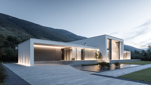 Современный минималистичный загородный дом с панорамными окнами и подсветкой на фоне горного пейзажа