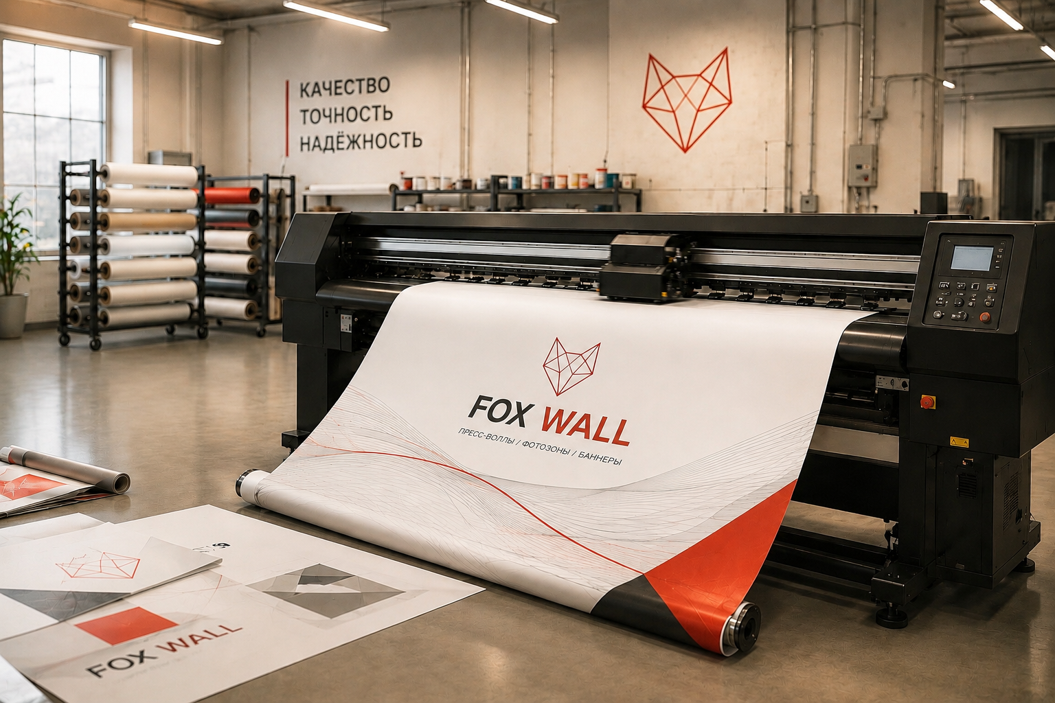 Производство — широкоформатная печать баннера FOX WALL