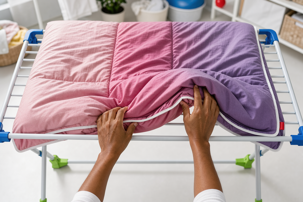 A freshly washed duvet laid flat to air dry on a drying rack indoors, being gently fluffed by hands