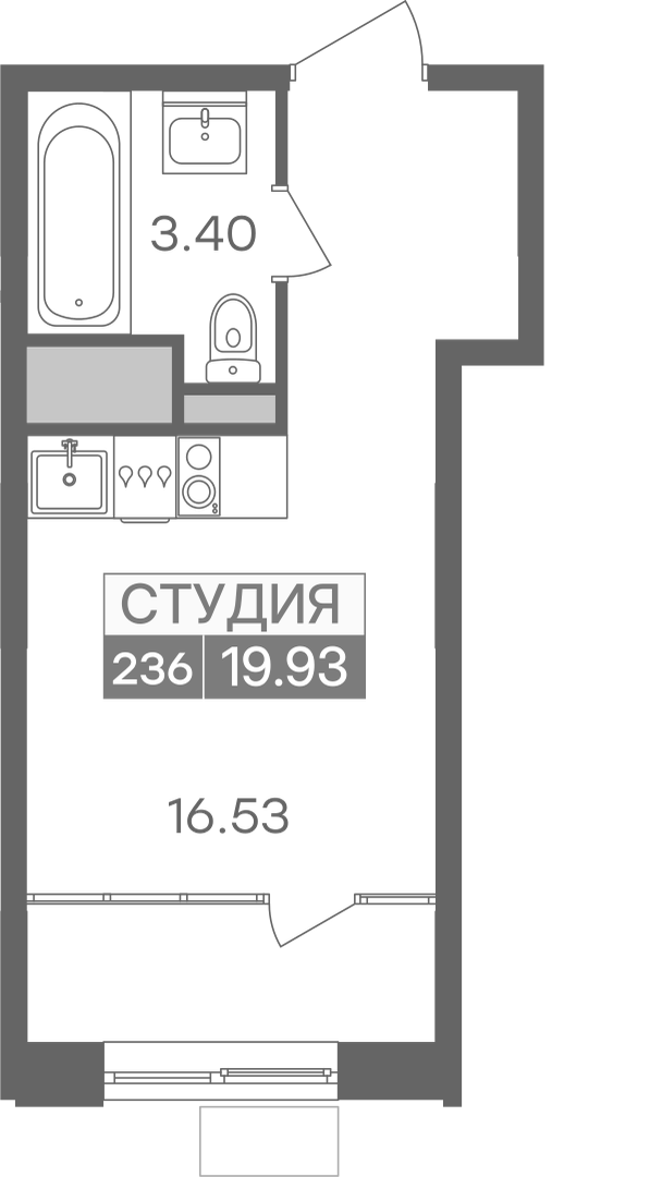 Планировка студии 19.93 м² в ЖК Новая Жизнь