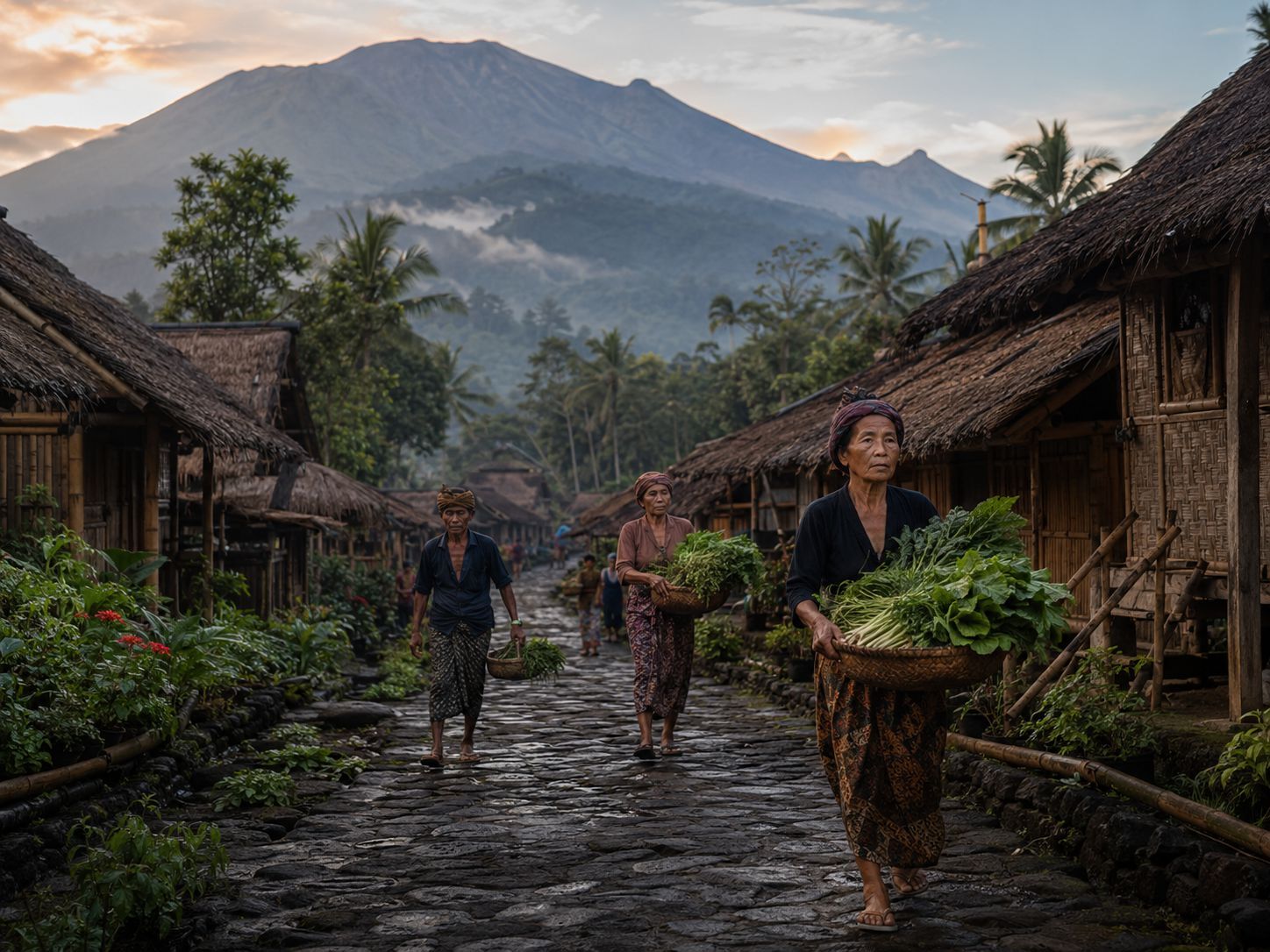 Desa tradisional Sasak di kaki Gunung Rinjani saat pagi berkabut