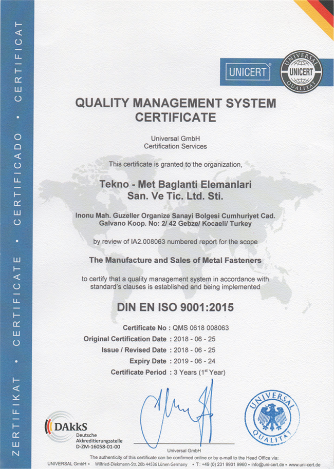 Сертификат качества Tekno-Met ISO9001:2015