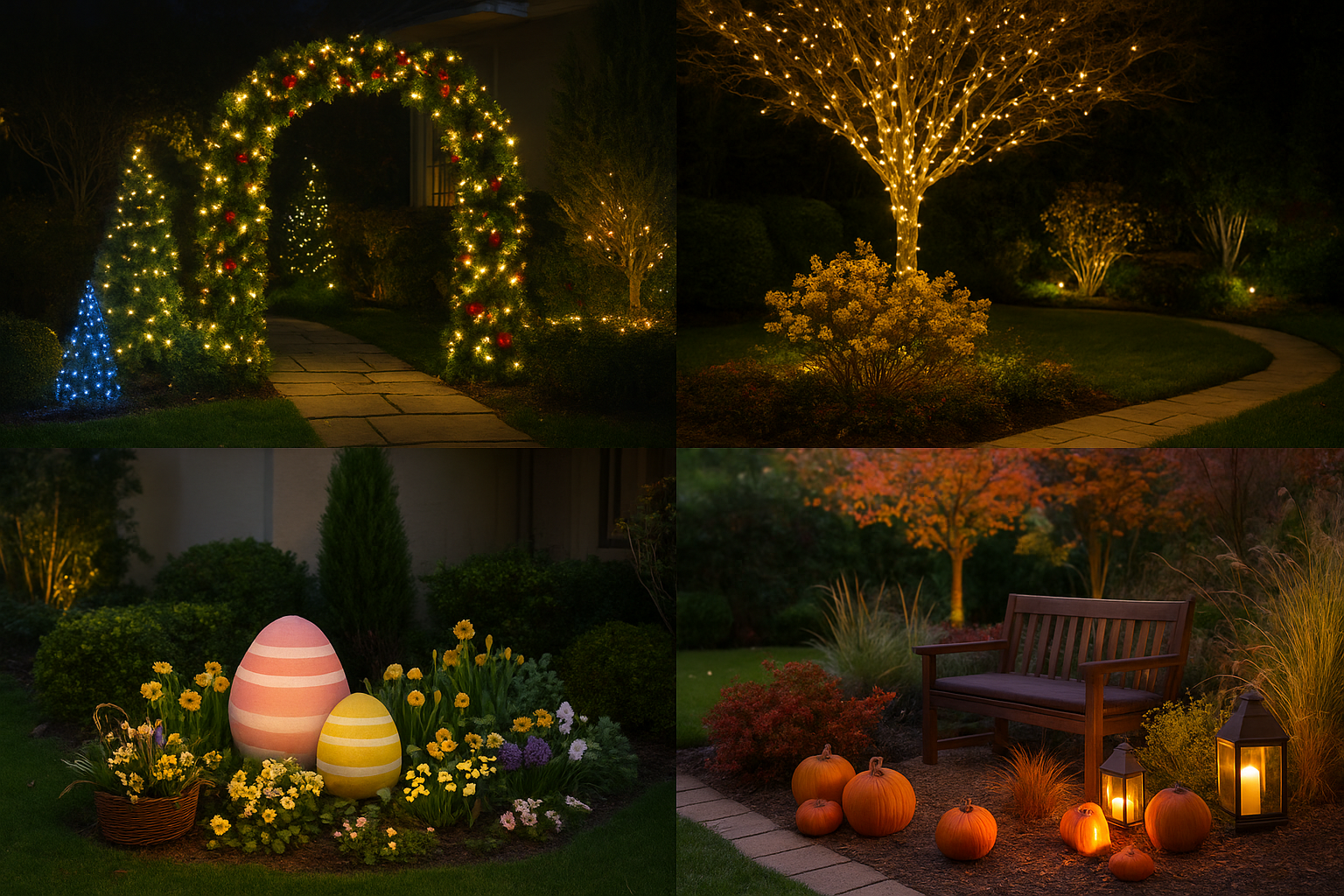 Коллаж из четырёх сезонных декоров сада: новогодняя арка с гирляндами и светящимися ёлками, дерево с подсветкой в тёплых тонах, весенняя композиция с цветами и пасхальными яйцами, осенний сад с тыквами и фонарями у деревянной скамейки.