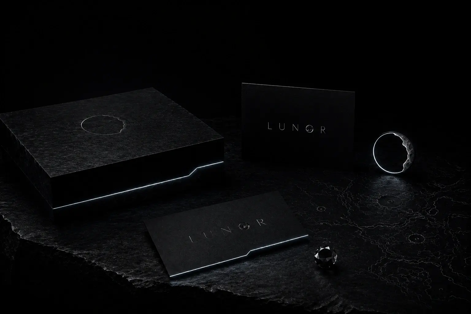 Фирменный стиль LUNAR — визитка с тиснением и сколом, упаковка из чёрного сланца с эффектом разлома
