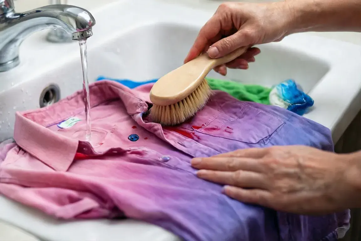Person treating a fresh stain on a cotton shirt over a sink using a soft brush and clear solution, close-up