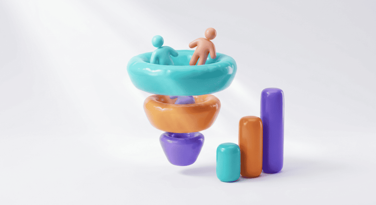 маркетинг это Трёхмерная воронка из трёх ярких цветных секций — широкая бирюзовая наверху, средняя оранжевая и узкая фиолетов