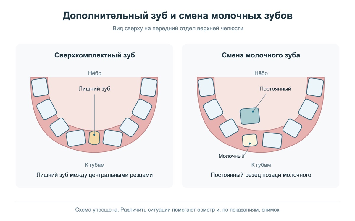 Отличие сверхкомплектного зуба от смены молочных зубов