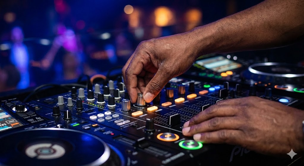 Руки диджея на микшерном пульте крупным планом во время сведения трека. 