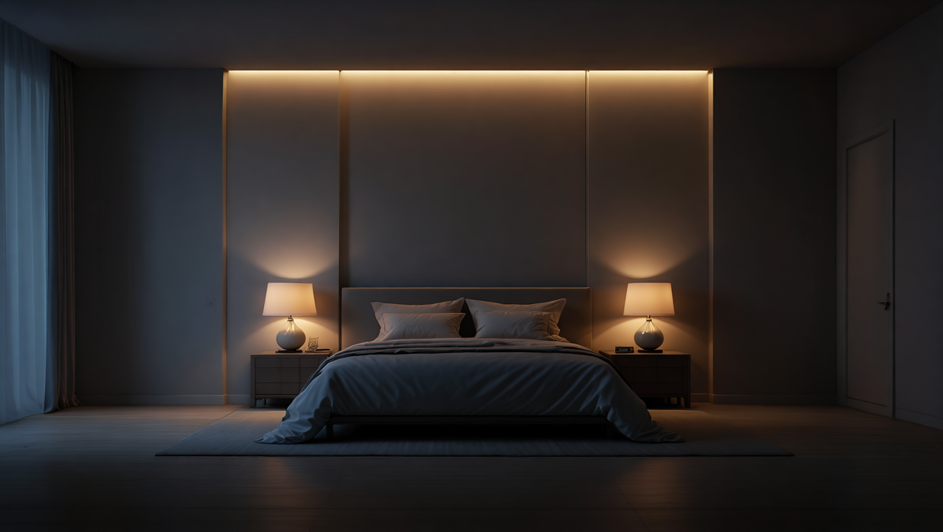Спальня в тёплой сцене 2700–3000K: настольные лампы и скрытая подсветка изголовья, затемнённый интерьер.