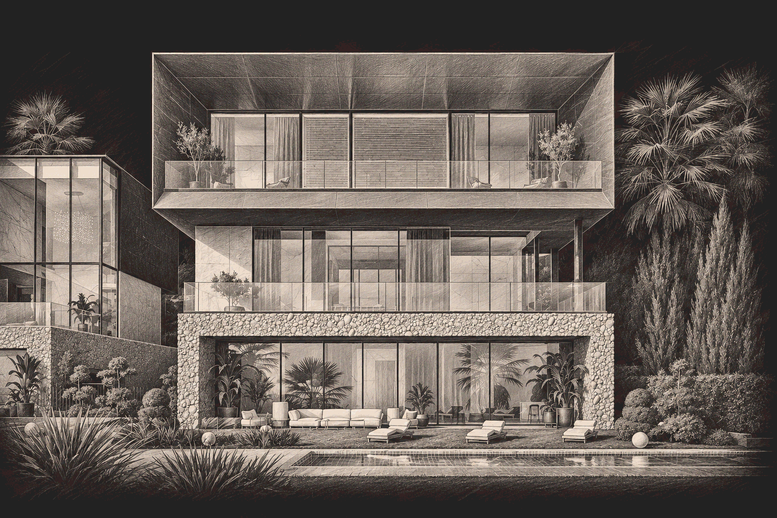 Карандашный архитектурный скетч VILLA NOVA