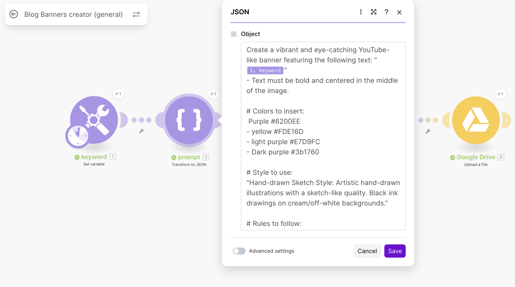 Blog banner creation in make.com with customizable text, brand colors and styles