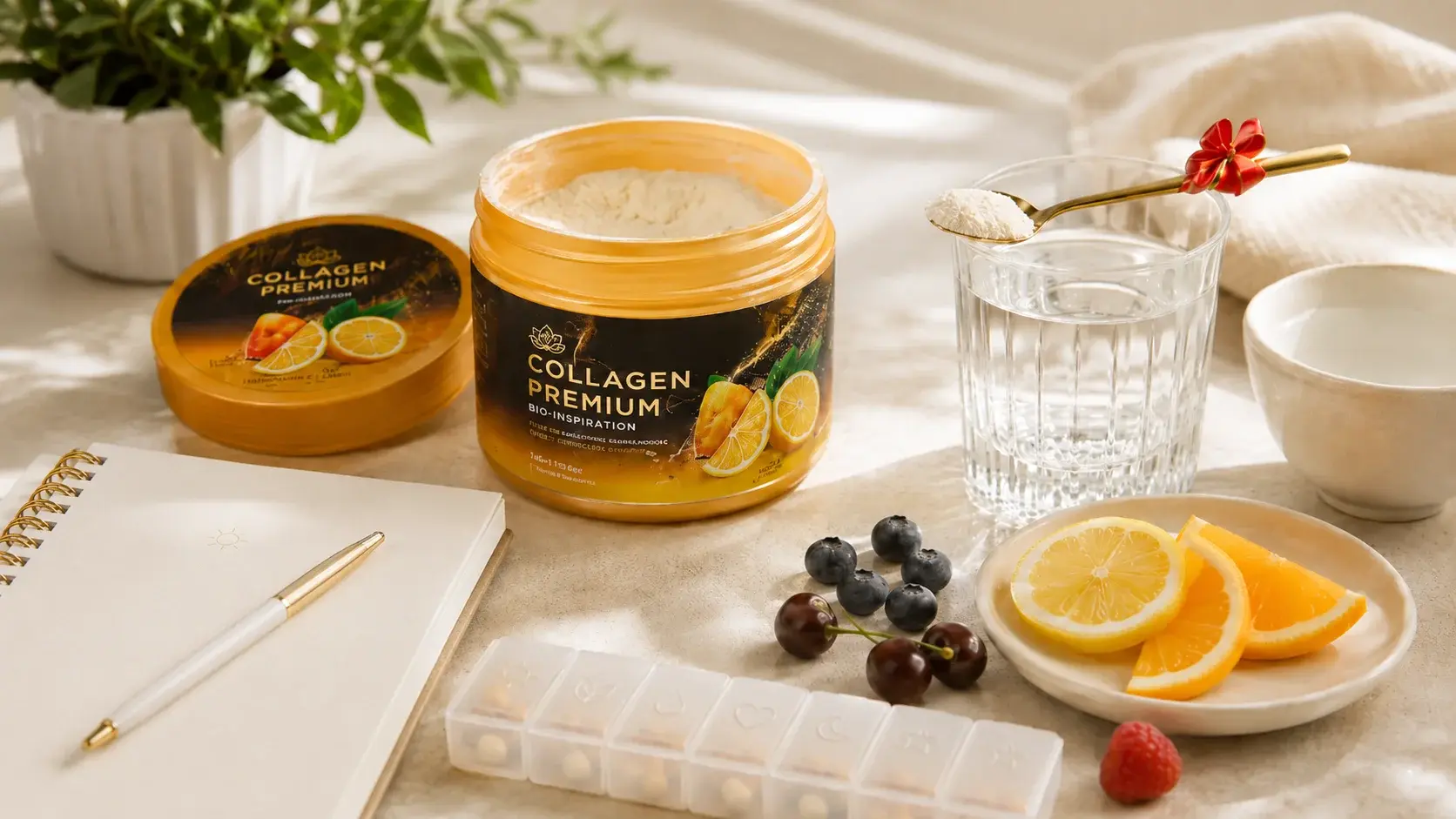 Прием коллагена после 50 лет: порция Collagen Premium, вода, цитрусы и планер.