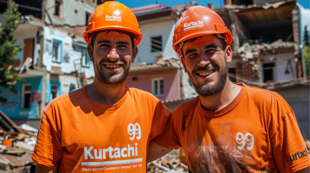 два служители на фирма за къртене на стени радват се на успешно изкъртена стена