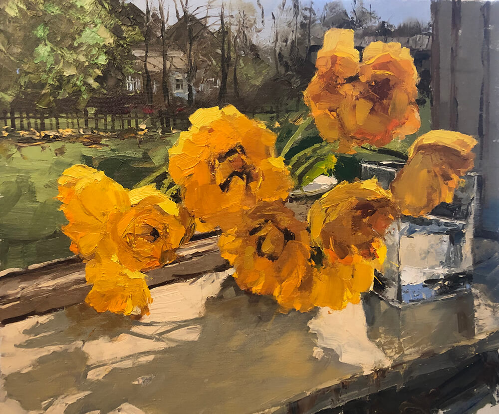 Tulips on the window. 2022. Oil on canvas, 50x60 cm