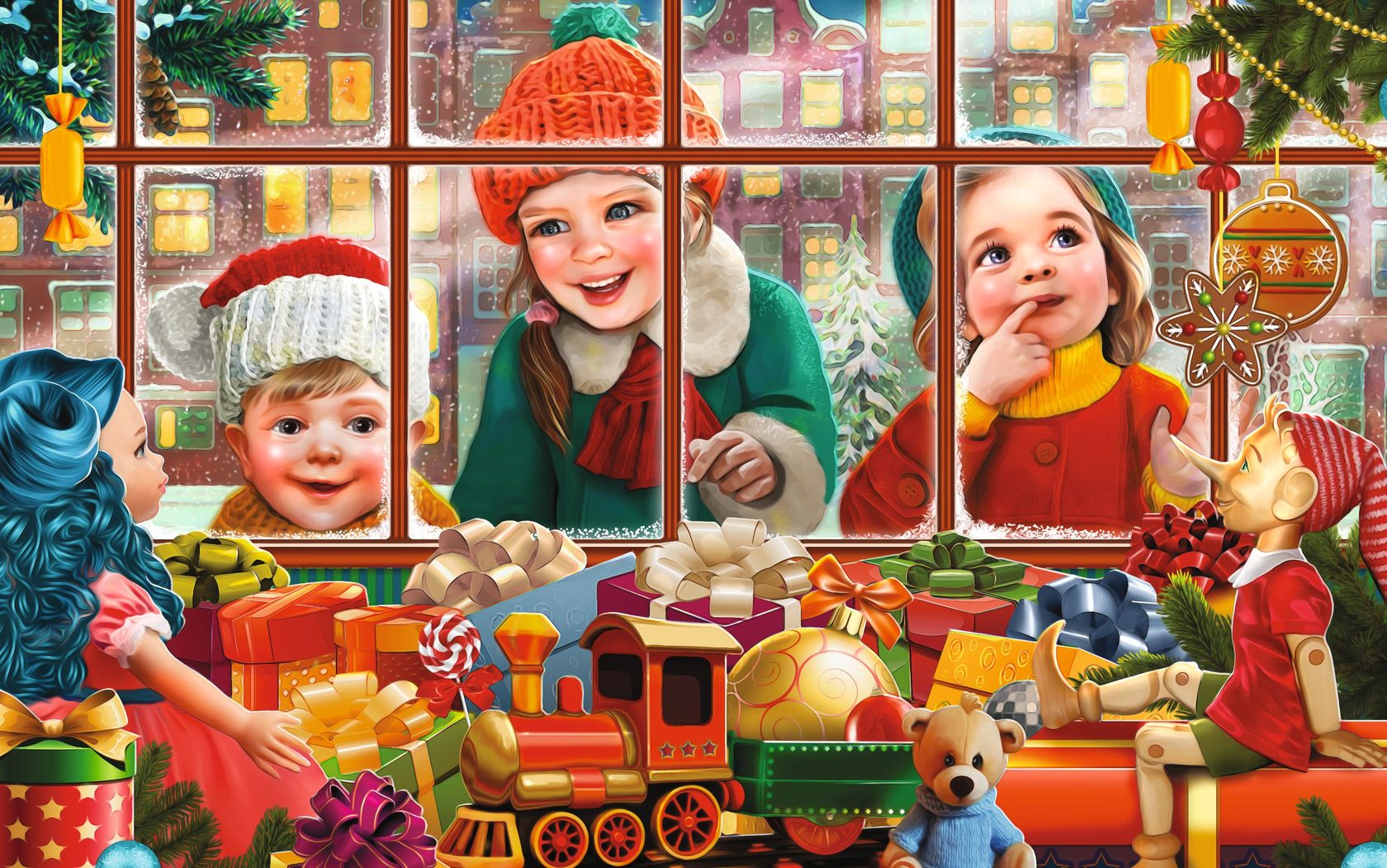 Картина Новогодняя витрина магазина игрушек