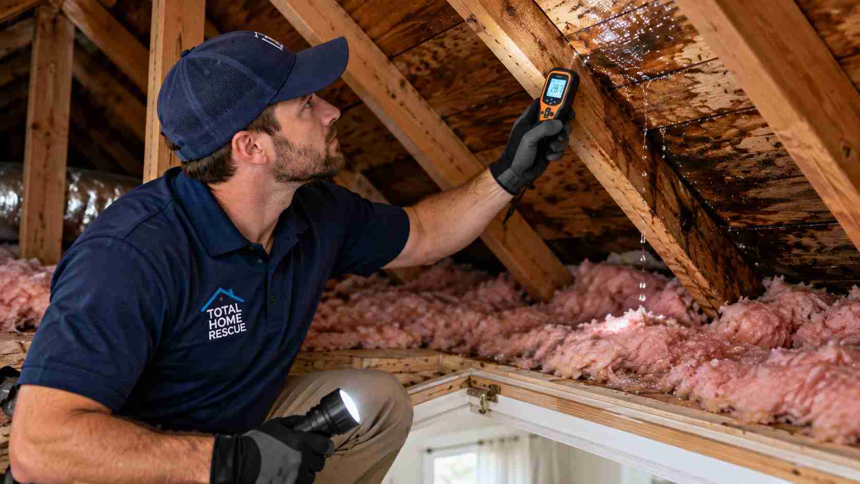 Total Home Rescue technician inspecting roof leak water damage and checking moisture in a stained ceiling