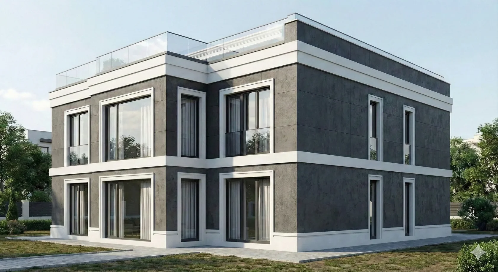 Боковой ракурс дома с белыми декоративными элементами по периметру фасада и окон, выполненный в стиле хай-тек с минималистичной геометрией.