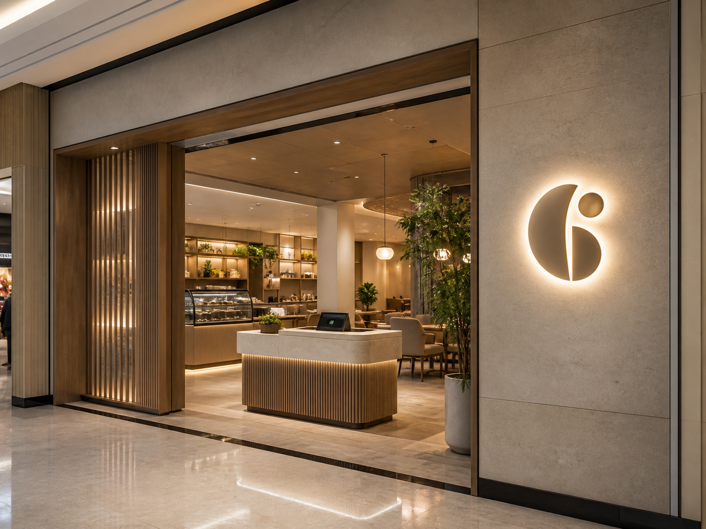AI-визуализация светового логотипа кафе в торговом центре
